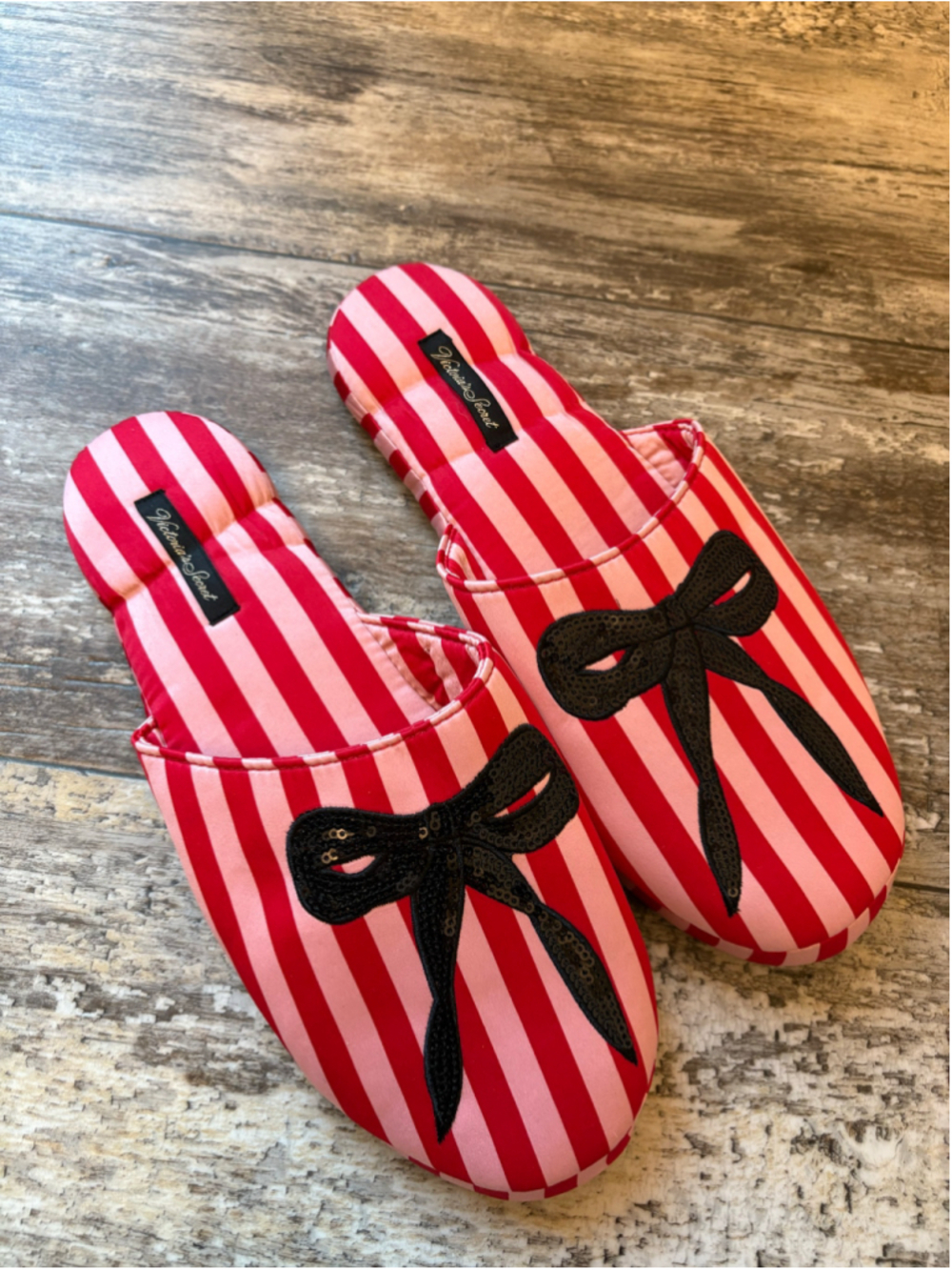 Victoria’s Secret Pink & Red Striped Bow Slippers Women’s Medium Cozy House Shoe